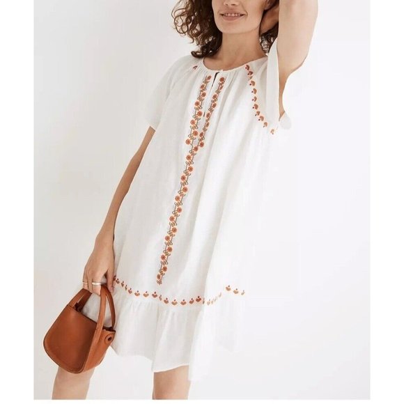 Madewell Dresses & Skirts - Madewell Embroidered Linen-Blend Raglan Ruffle Mini Dress A0275 Size Small